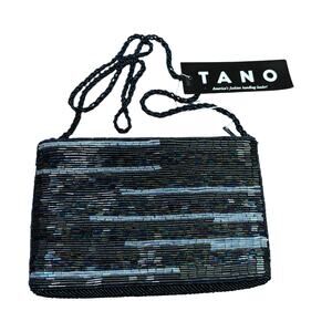 Vintage beaded evening bag black satin shoulderbag NEW tagged Tano 1990’s dressy